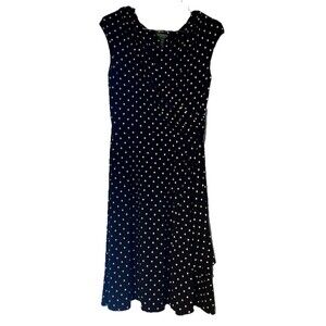 LAUREN Ralph Lauren Cross Bodice Faux Wrap Black White Polka Dot Dress Size 8